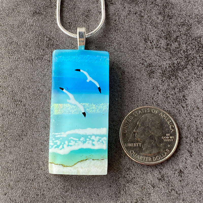 Sandy Beach, Sand & Sea Fused Glass Necklace, aqua blue, silver