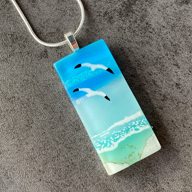 Summer Seagulls, Sand & Sea Fused Glass Necklace, aqua blue, silver