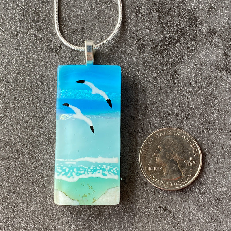 Summer Seagulls, Sand & Sea Fused Glass Necklace, aqua blue, silver