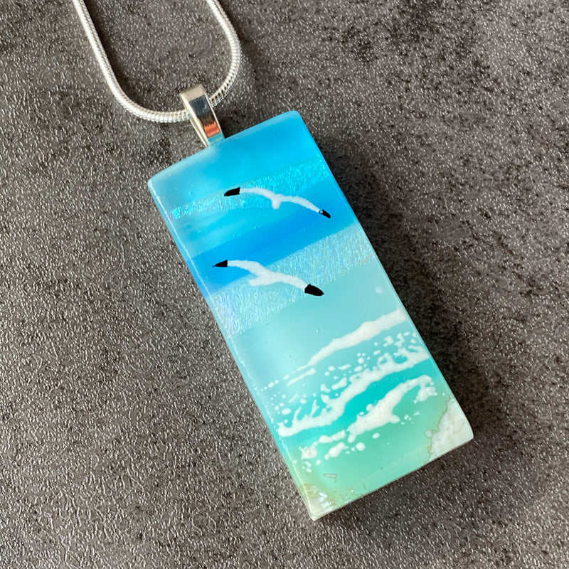 Sea Spray, Sand & Sea Fused Glass Necklace, aqua blue, silver