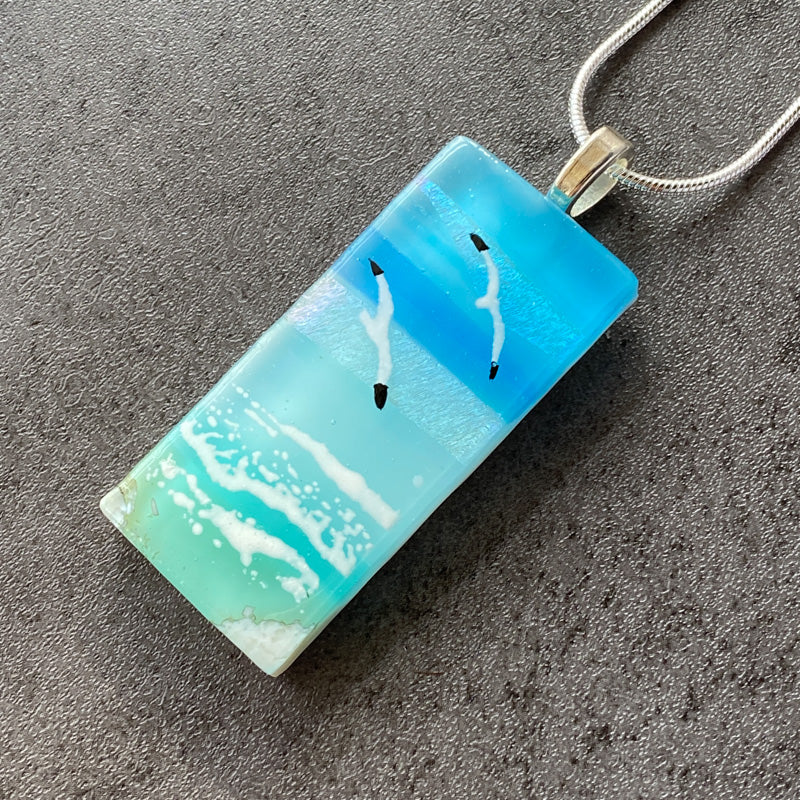 Sea Spray, Sand & Sea Fused Glass Necklace, aqua blue, silver