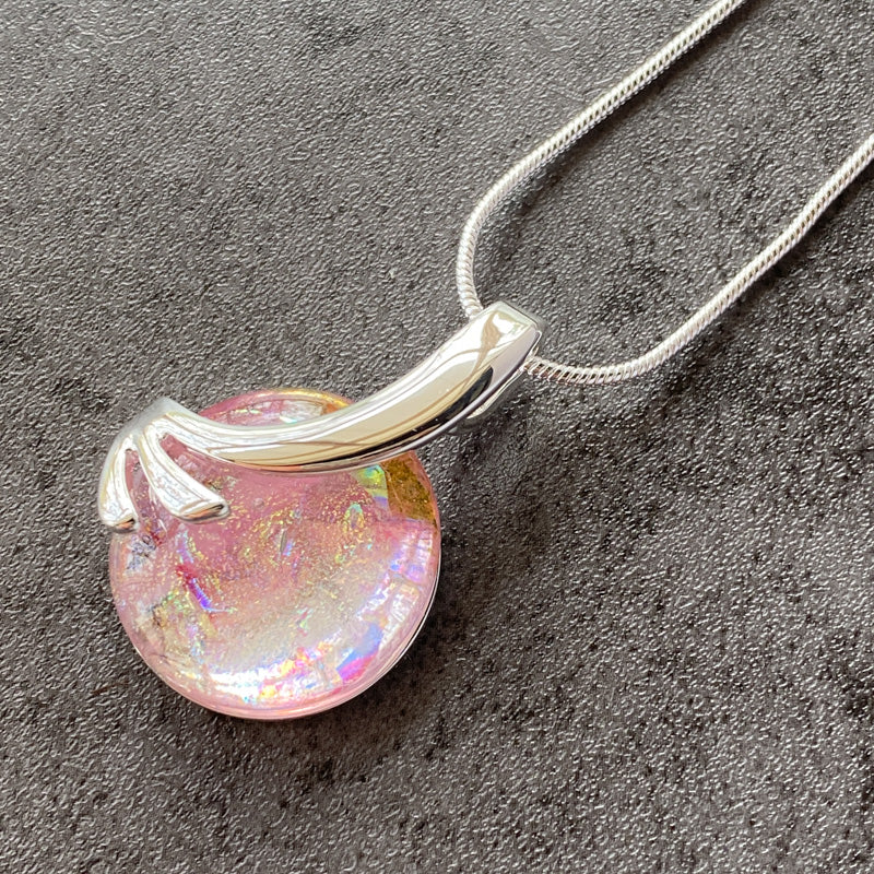Pink Paradise, Pink Dichroic Glass Necklace, Silver