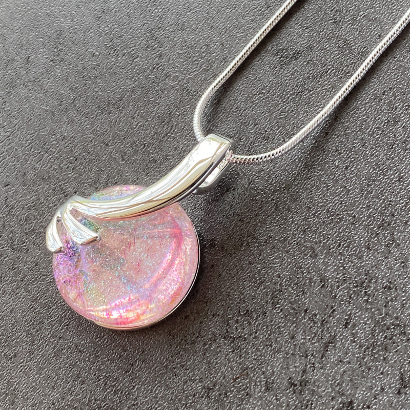 Sparkling Dust, Pink Dichroic Glass Necklace, Silver