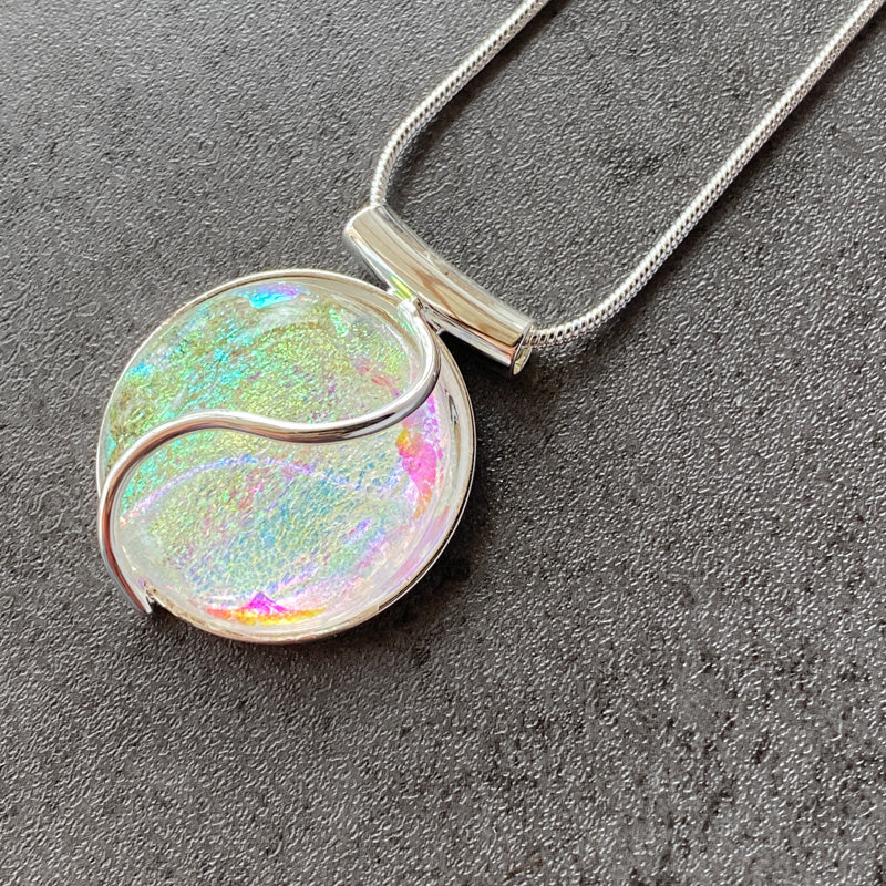 I Thought It Was Opal, Dichroic Glass Necklace, Silver