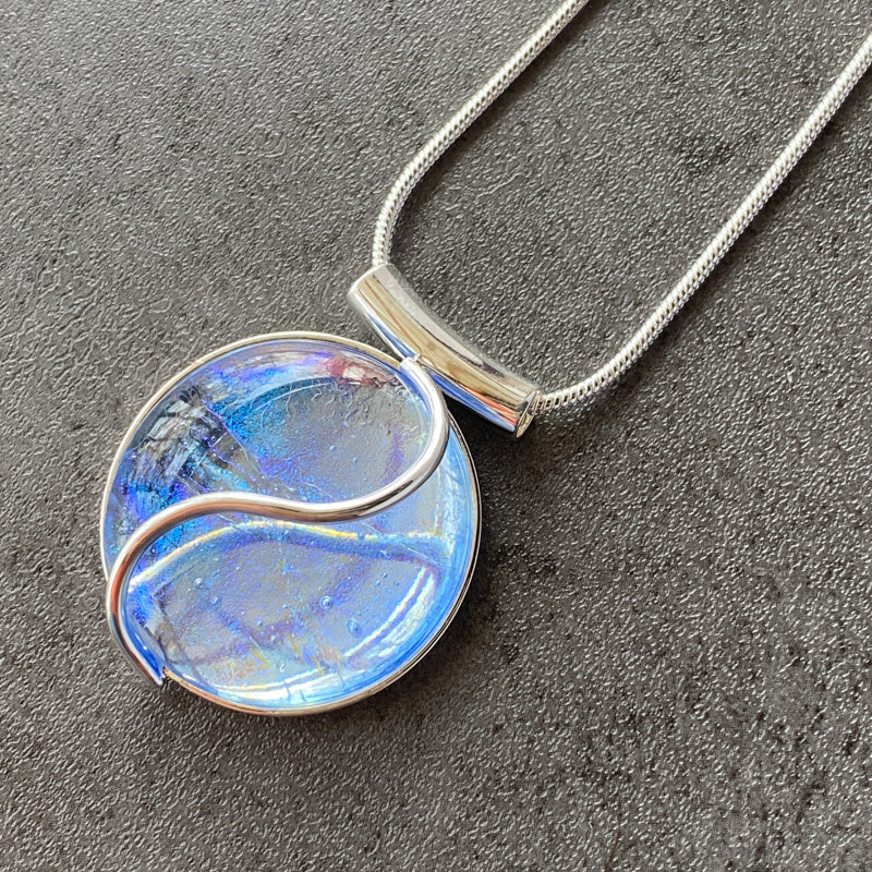 Aurora Wonder, Blue Dichroic Glass Necklace, Silver