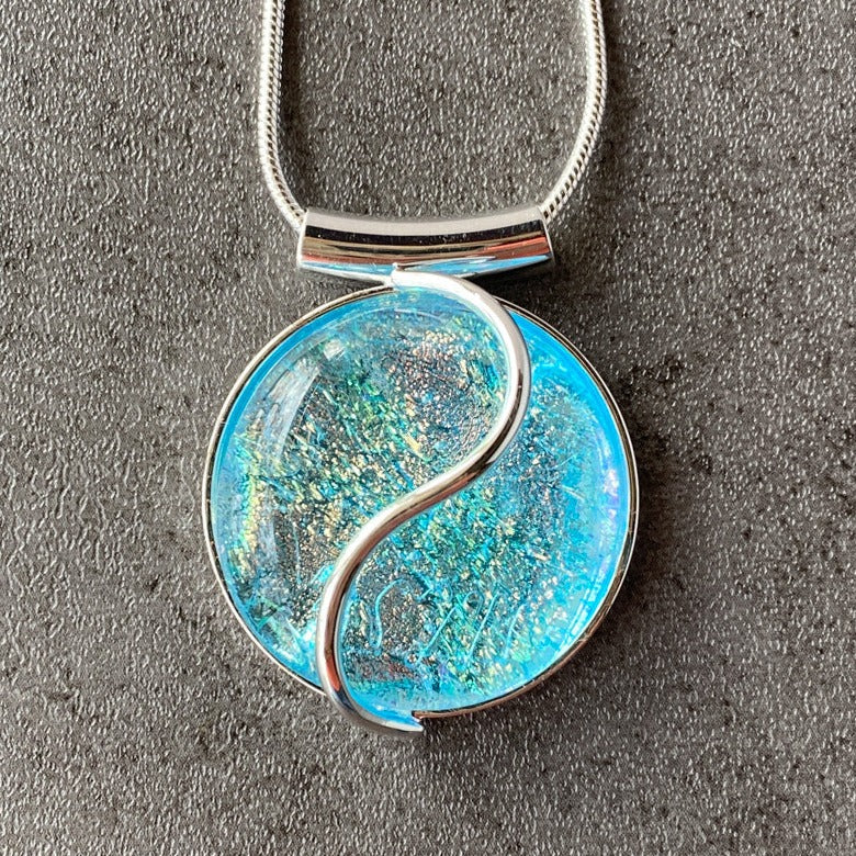 Cool Aqua, Aqua Blue Dichroic Glass Necklace, Silver