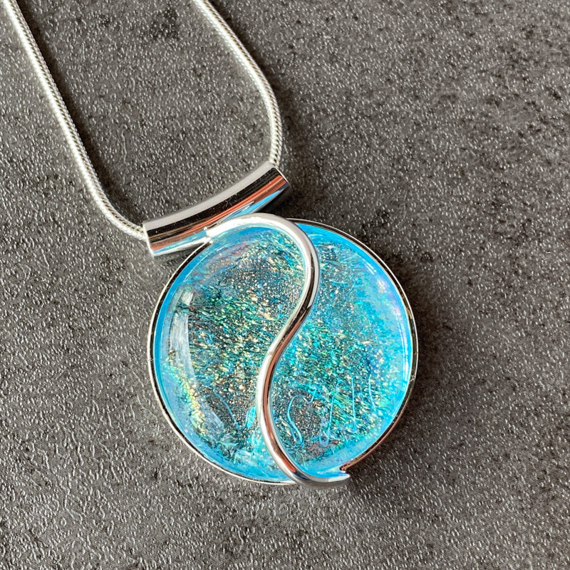 Cool Aqua, Aqua Blue Dichroic Glass Necklace, Silver