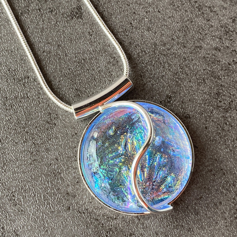 Cloudburst, Aqua Blue Dichroic Glass Necklace, Silver