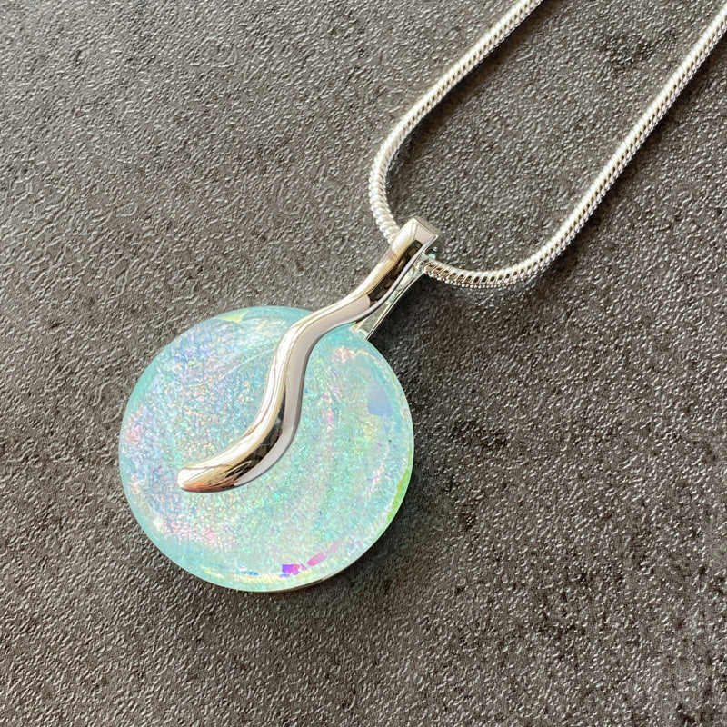 Morning Dew, Blue Dichroic Glass Necklace, Silver