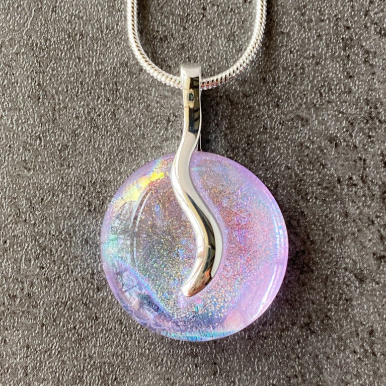 Opening Night, Pink and Lavender Dichroic Glass Necklace, Silver