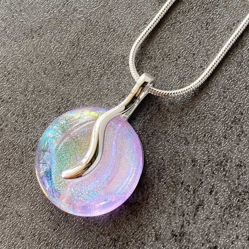 Opening Night, Pink and Lavender Dichroic Glass Necklace, Silver