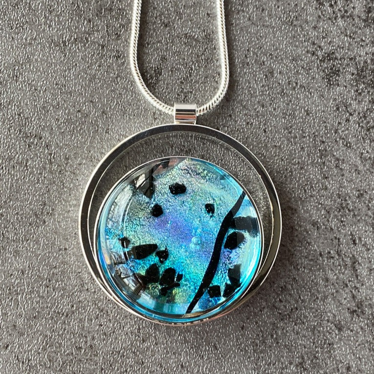 Mystical Ocean, Blue and Black Dichroic Glass Necklace, Silver