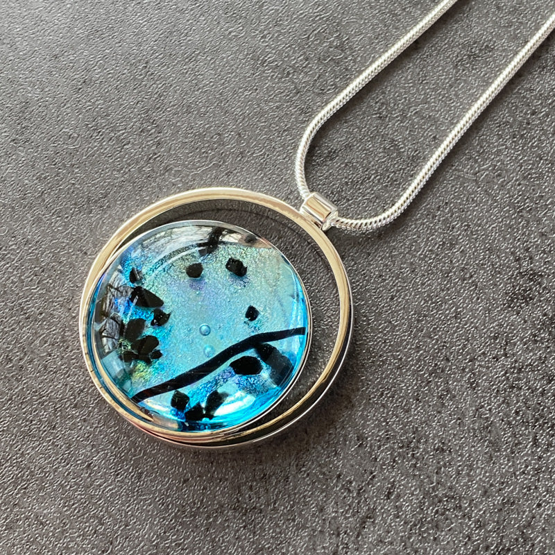 Mystical Ocean, Blue and Black Dichroic Glass Necklace, Silver