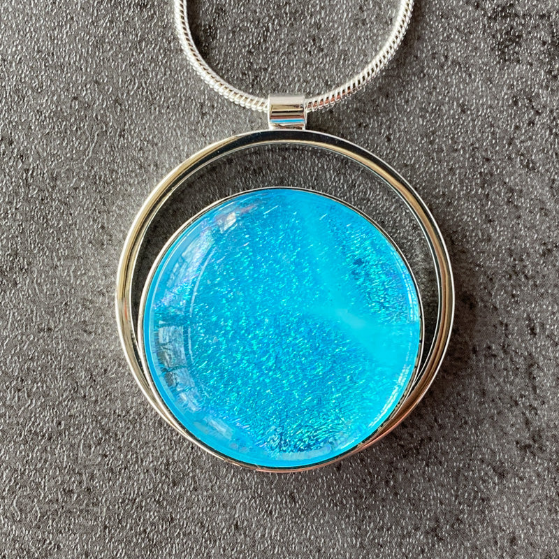 Tropical Mist, Blue Dichroic Glass Necklace, Silver