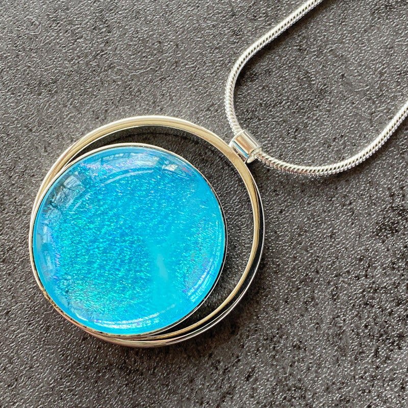 Tropical Mist, Blue Dichroic Glass Necklace, Silver