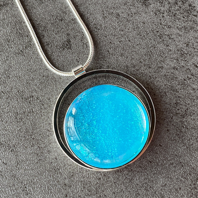 Bright And Breezy, Blue Dichroic Glass Necklace, Silver
