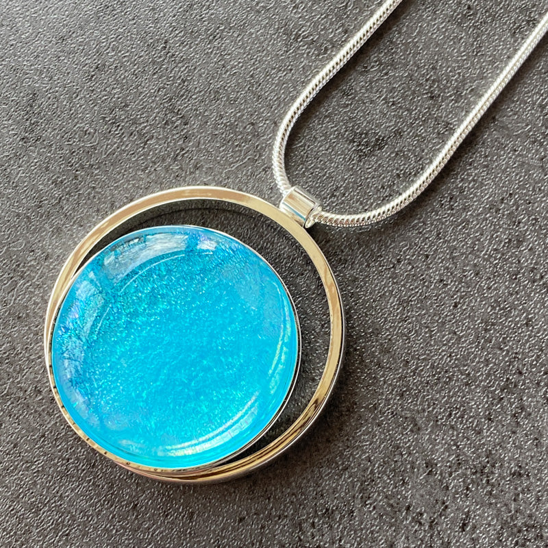 Bright And Breezy, Blue Dichroic Glass Necklace, Silver