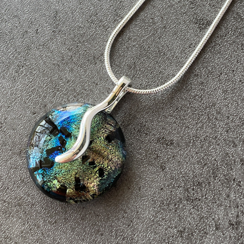 Forest Path, Multi-Color Dichroic Glass Necklace, Silver