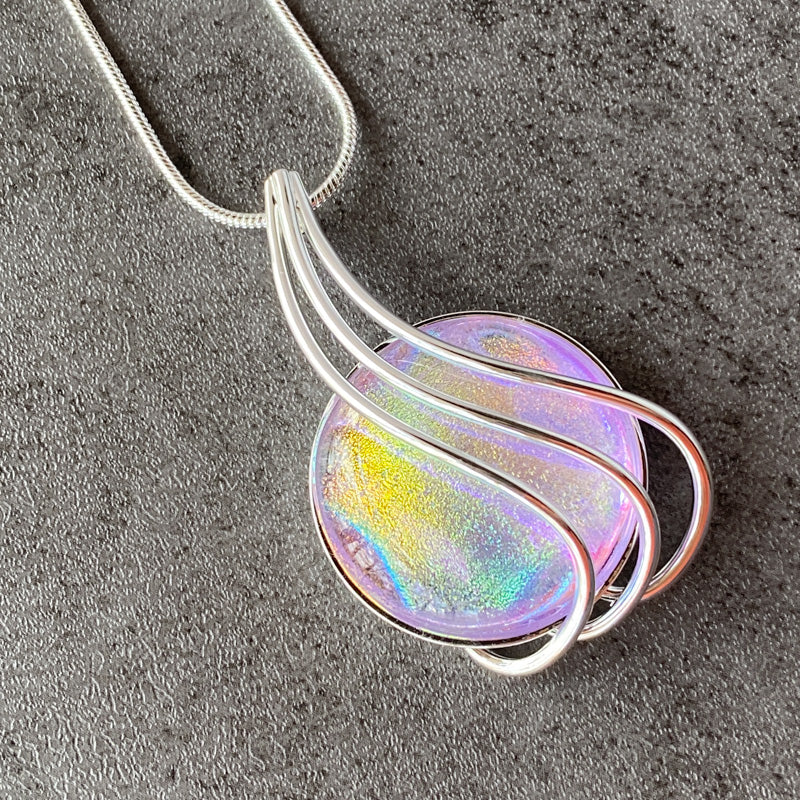 A Swift Sunrise, Pink And Yellow Dichroic Glass Necklace, Silver