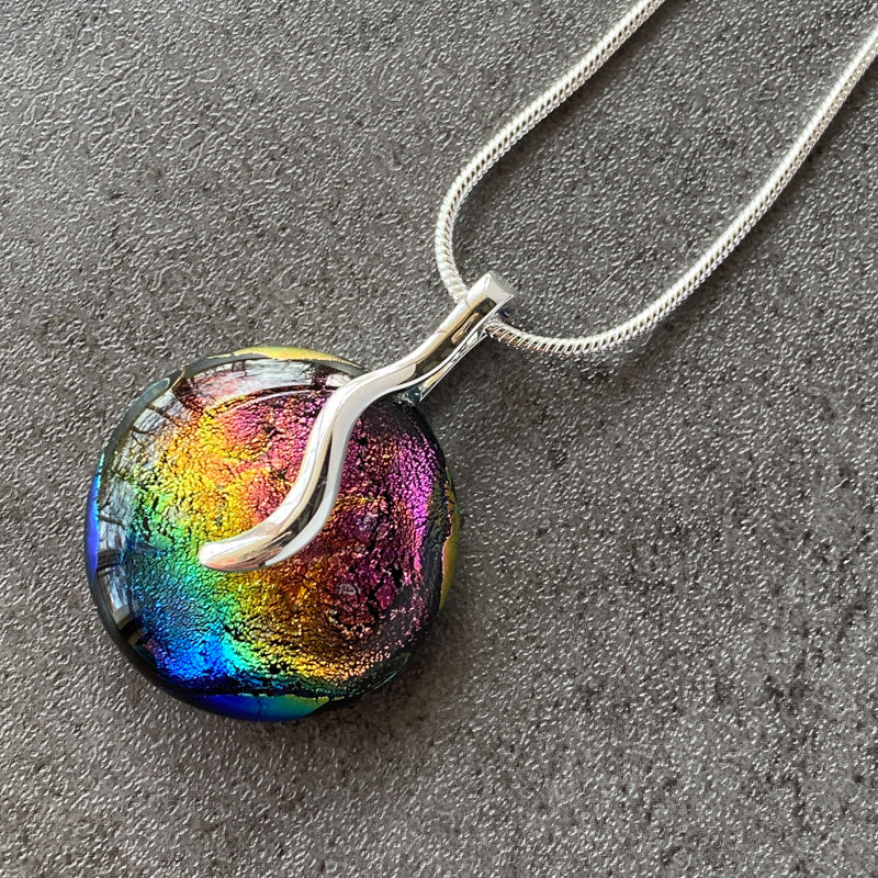 Rainbow Sparkle, Multi-Color Dichroic Glass Necklace, Silver