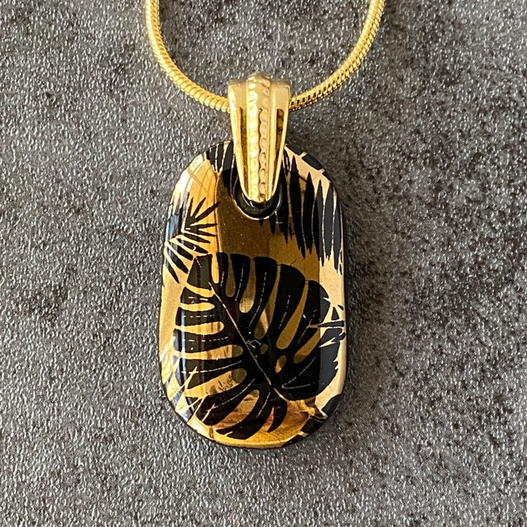 Palm Shadows, Black and 18kt Gold Fused Glass Necklace