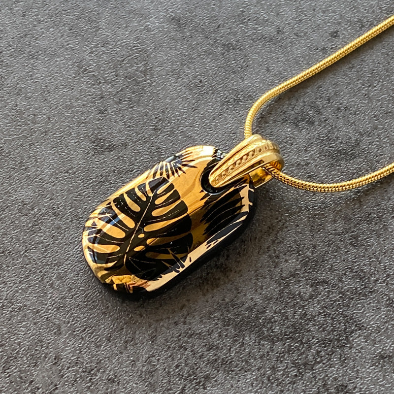 Palm Shadows, Black and 18kt Gold Fused Glass Necklace