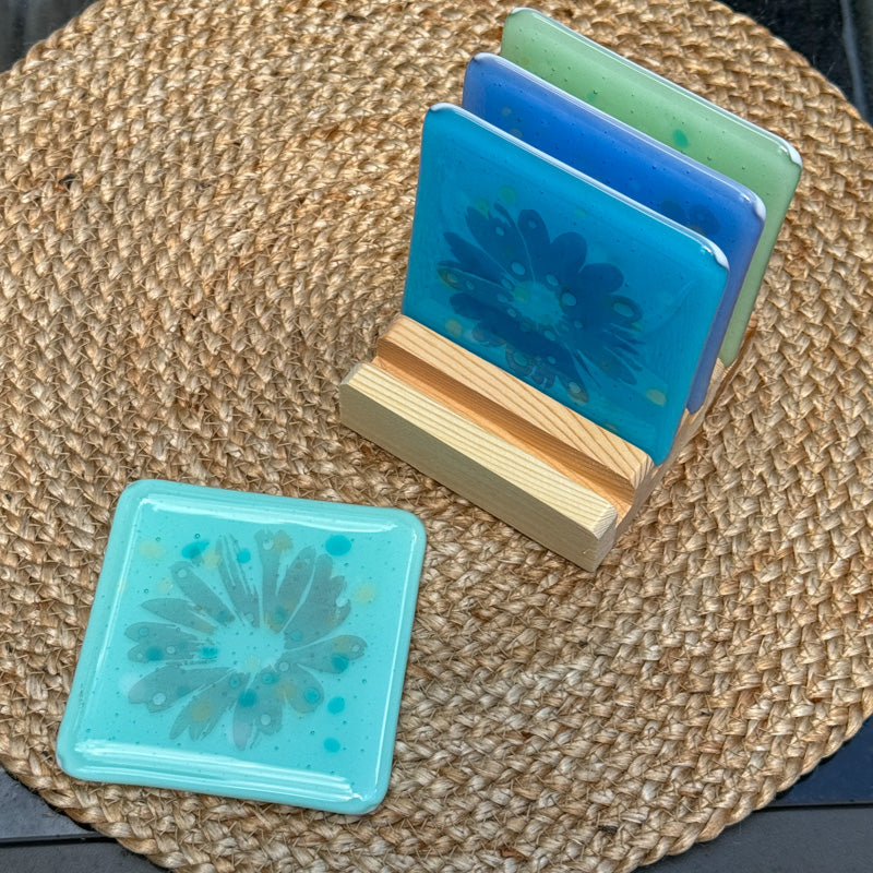 Whispers of Bloom, Summer Breeze Collection coaster set, blues & greens