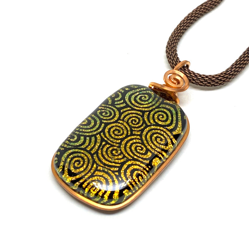 Gold Swirl, Dichroic Glass Necklace, Copper
