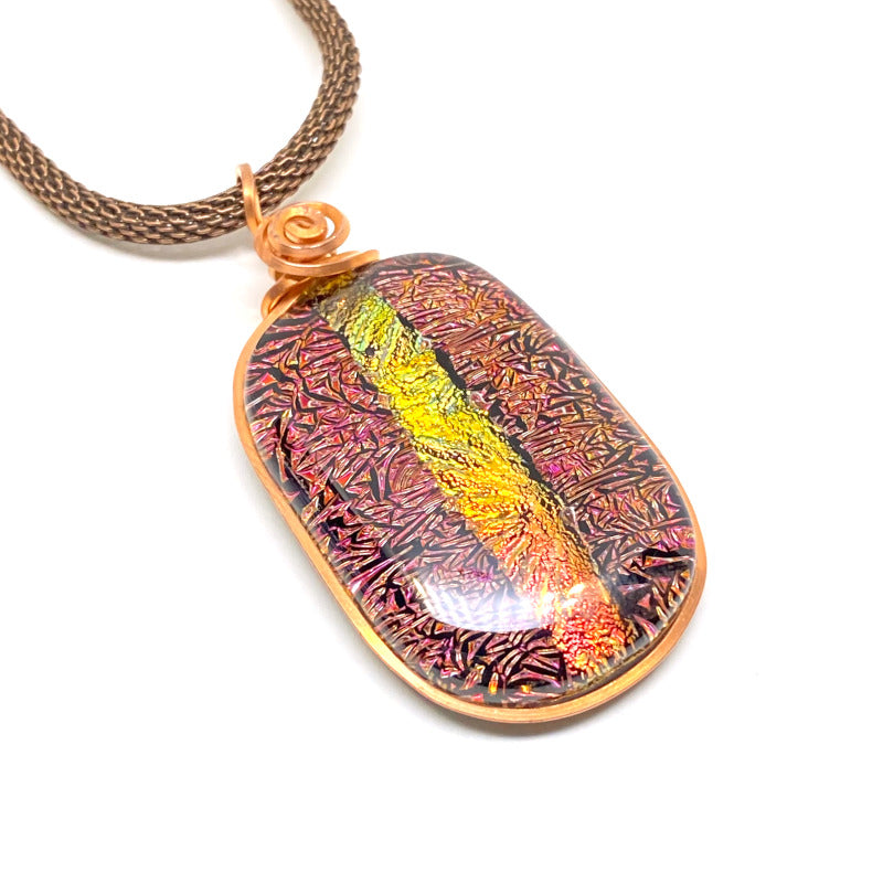 Crackling Rose, Red Dichroic Necklace, Copper