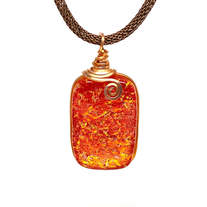 Fired Up, Red Dichroic Glass Necklace, Copper