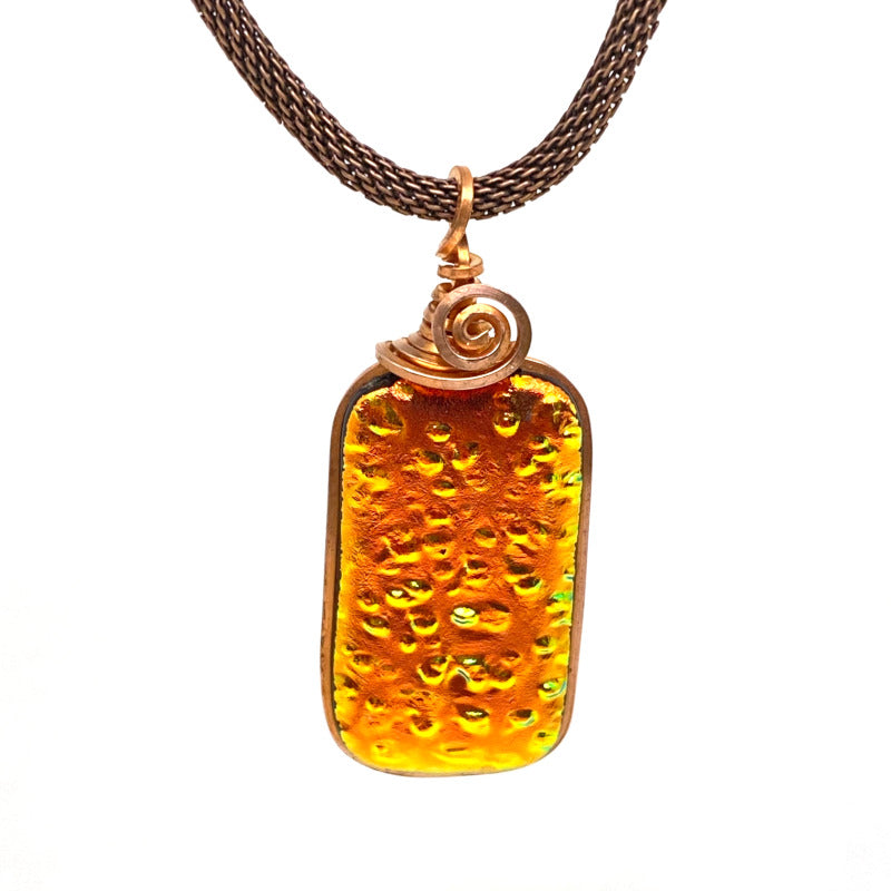 The Floor is Lava, Orange Dichroic Glass Necklace, Copper