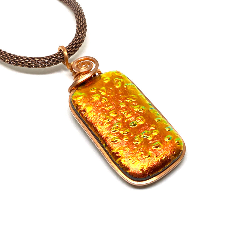 The Floor is Lava, Orange Dichroic Glass Necklace, Copper