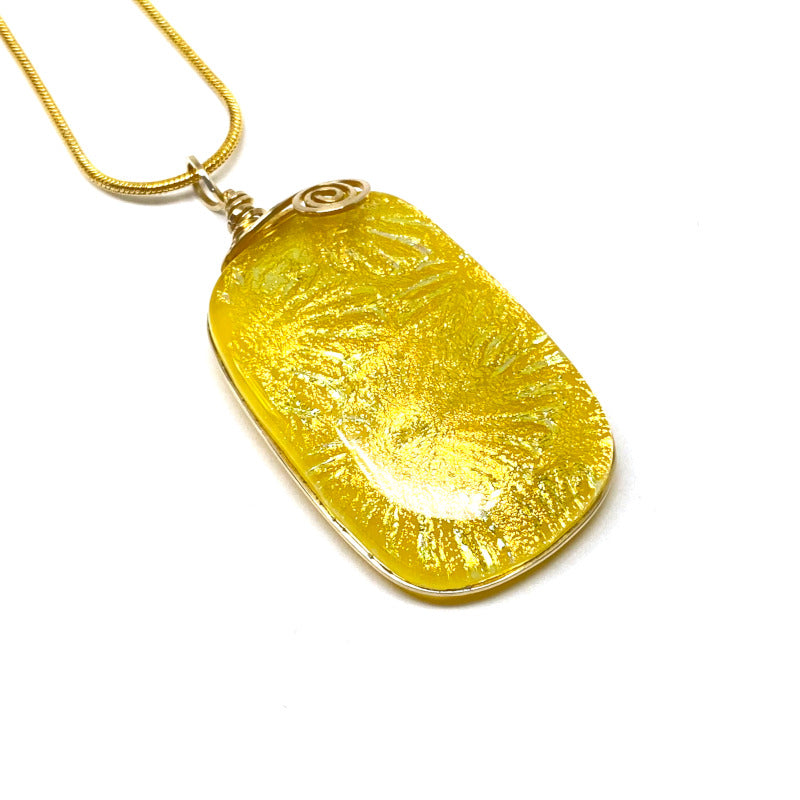 Yellow Flowers, Yellow Dichroic Glass Necklace, Gold