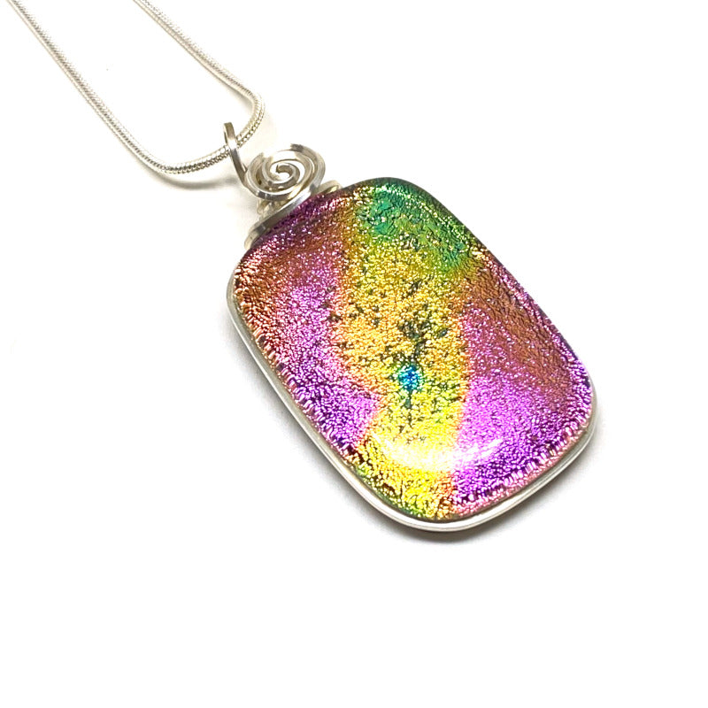 Pink Sky, Pink and Yellow Dichroic Glass Necklace, Silver