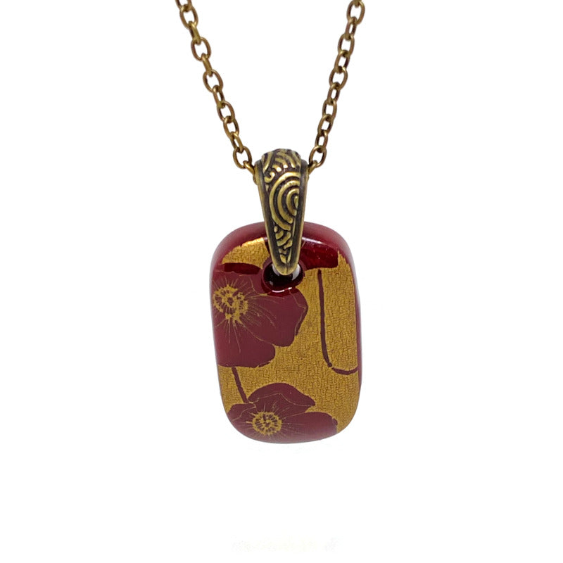 Antiqued Burgundy Poppies, Fused Glass Necklace