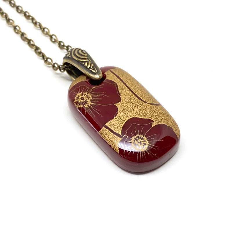 Antiqued Burgundy Poppies, Fused Glass Necklace