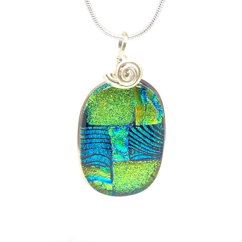 A Shady Spot, Blue Green Dichroic Glass Necklace, Silver