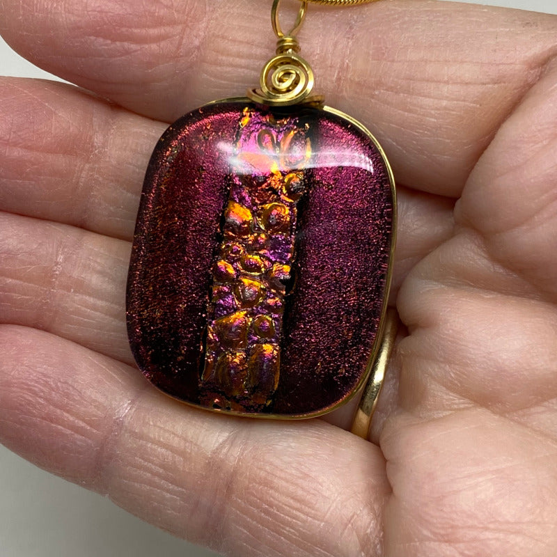 Lady in Red, Red Dichroic Glass Necklace, Gold