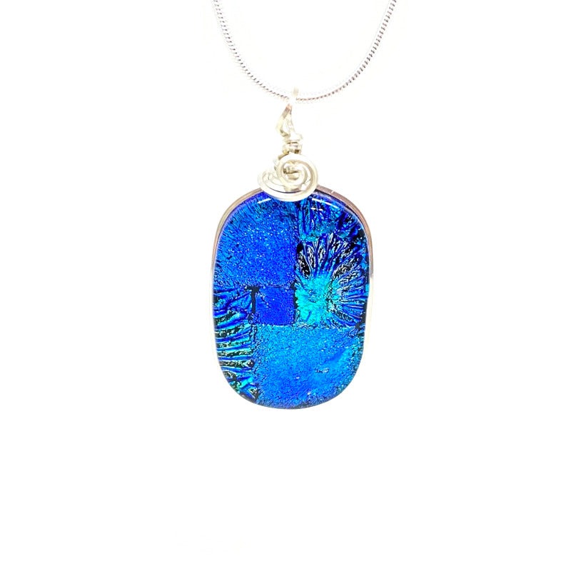 Light Up The Night, Blue Dichroic Glass Necklace, Silver