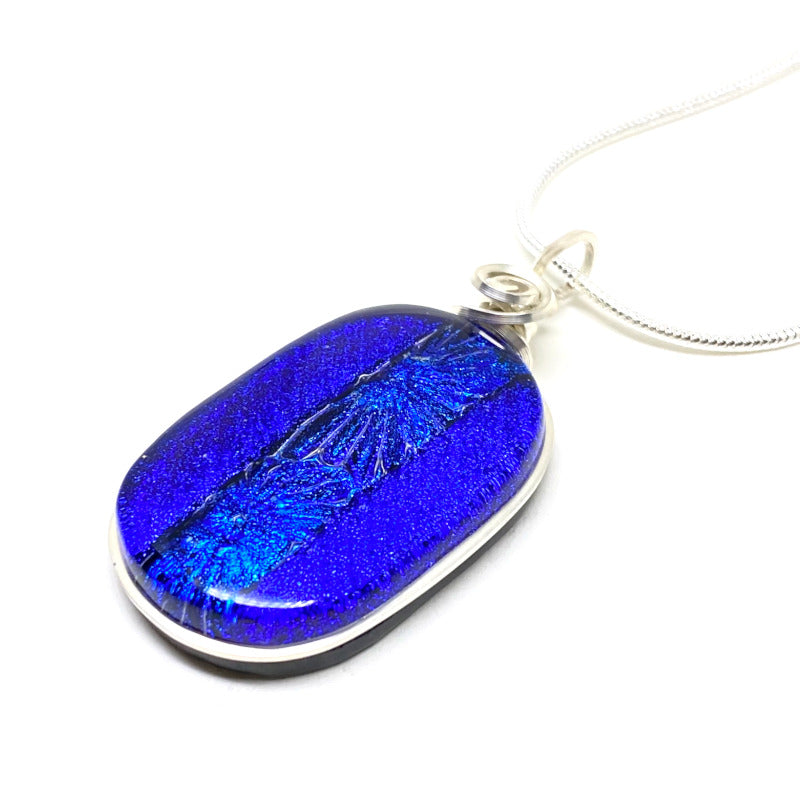 Water Lily, Blue Dichroic Glass Necklace, Silver