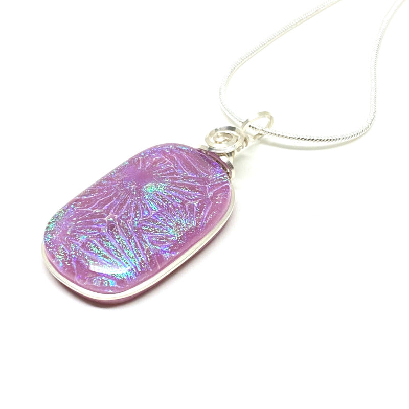 Pink Primrose, Pink Dichroic Glass Necklace, Silver