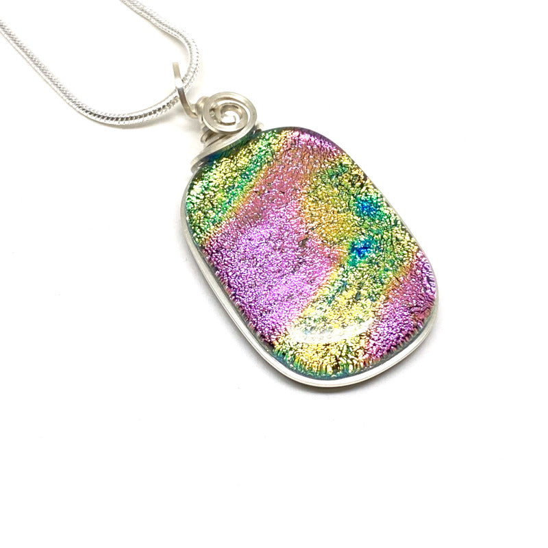 Comet Trail, Pink and Yellow Dichroic Glass Necklace, Silver