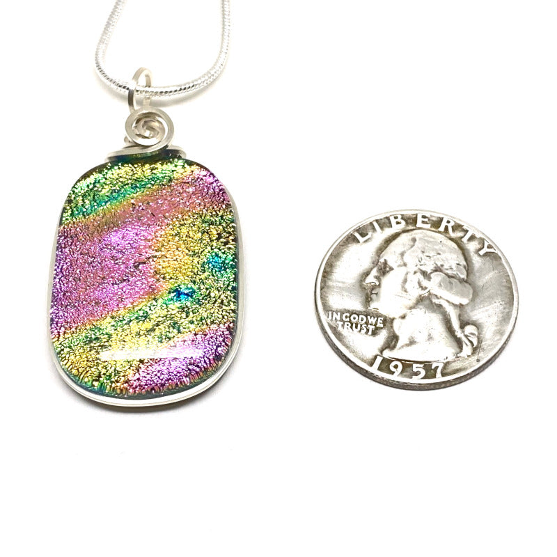 Comet Trail, Pink and Yellow Dichroic Glass Necklace, Silver