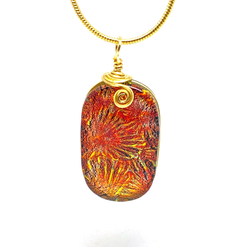 Red Fireworks, Red Dichroic Glass Necklace, Gold