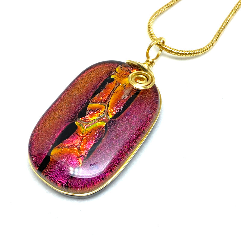 Rose Petals, Red Dichroic Glass Necklace, Gold