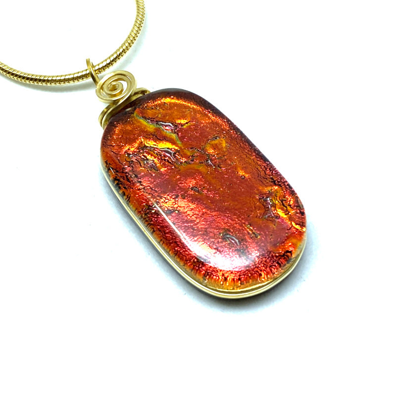 By The Fire, Red Dichroic Glass Necklace, Gold