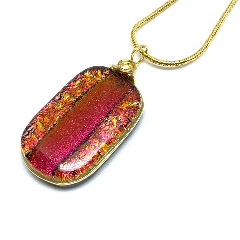 Cinnamon Heart, Red Dichroic Glass Necklace, Gold