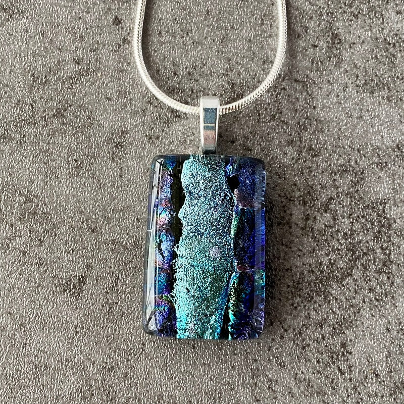 Morning Rain, Blue Dichroic Glass Necklace, Silver