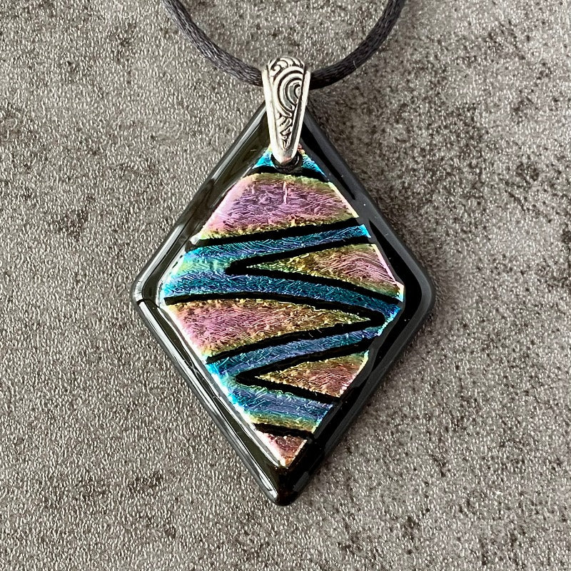 Shooting Star, Multi-color Dichroic Glass Necklace, Hand Engraved