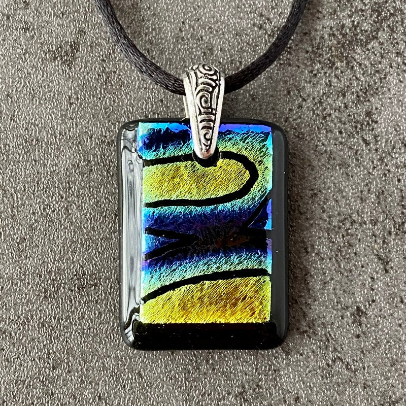 Night Sky, Multi-color Dichroic Glass Necklace, Hand Engraved
